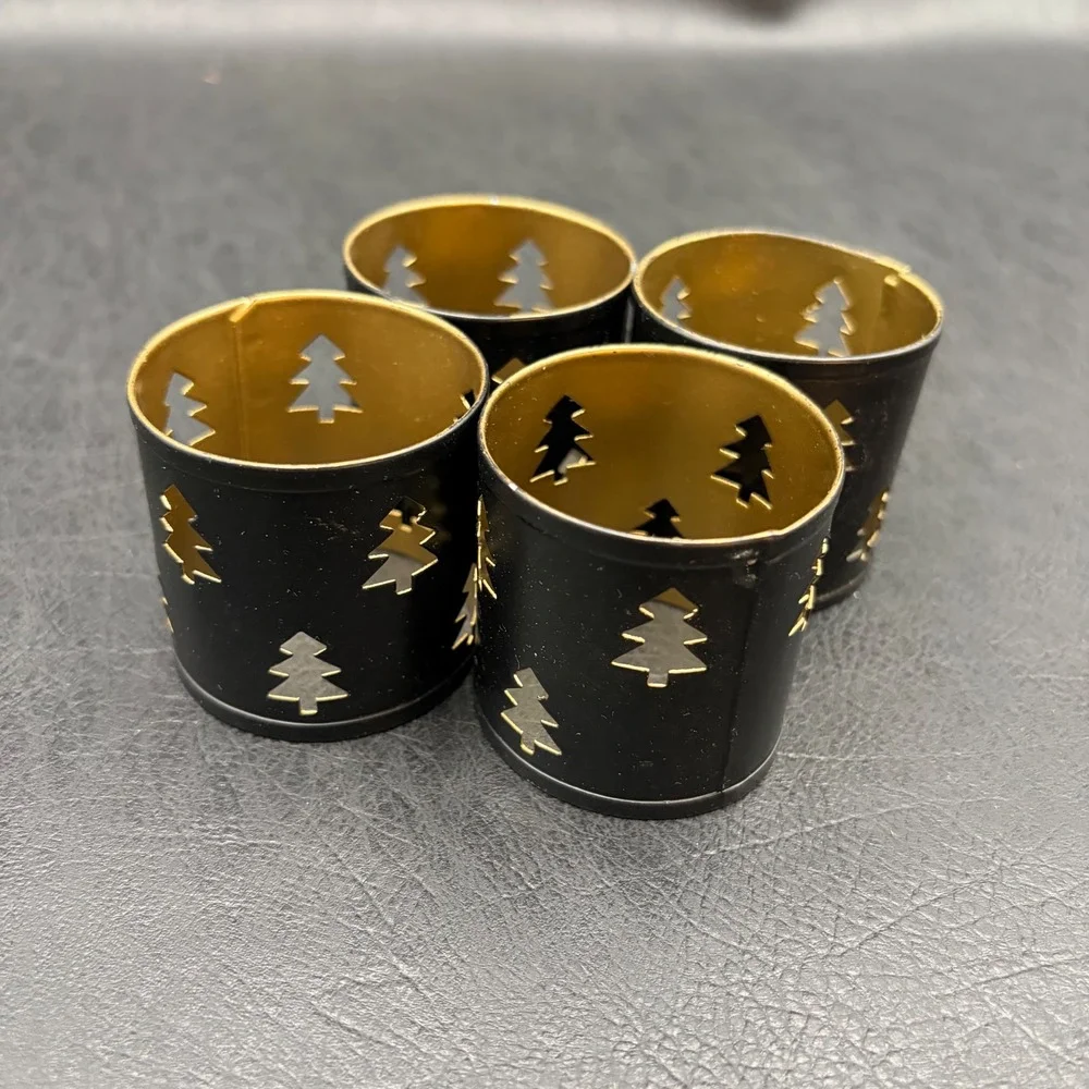 Set of 4 Christmas Tree Cutout Metal Napkin Rings Black and Gold Holiday Decor